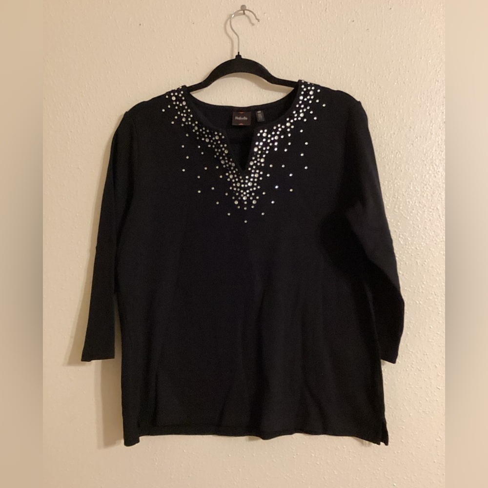 Rafaella / Black Rhinestones Bling 3/4 Sleeve Size P/M